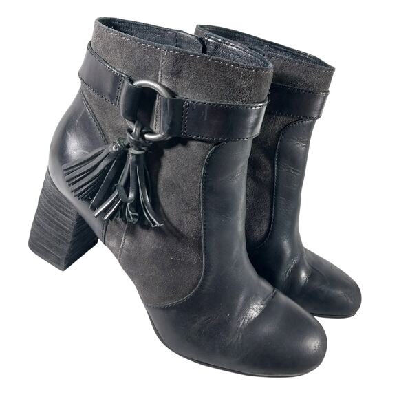 BORN! BLACK GENUINE LEATHER & GRAY SUEDE ANKLE HARNESS CHUNKY HEEL BOOTS! SZ 9M - Picture 1 of 11